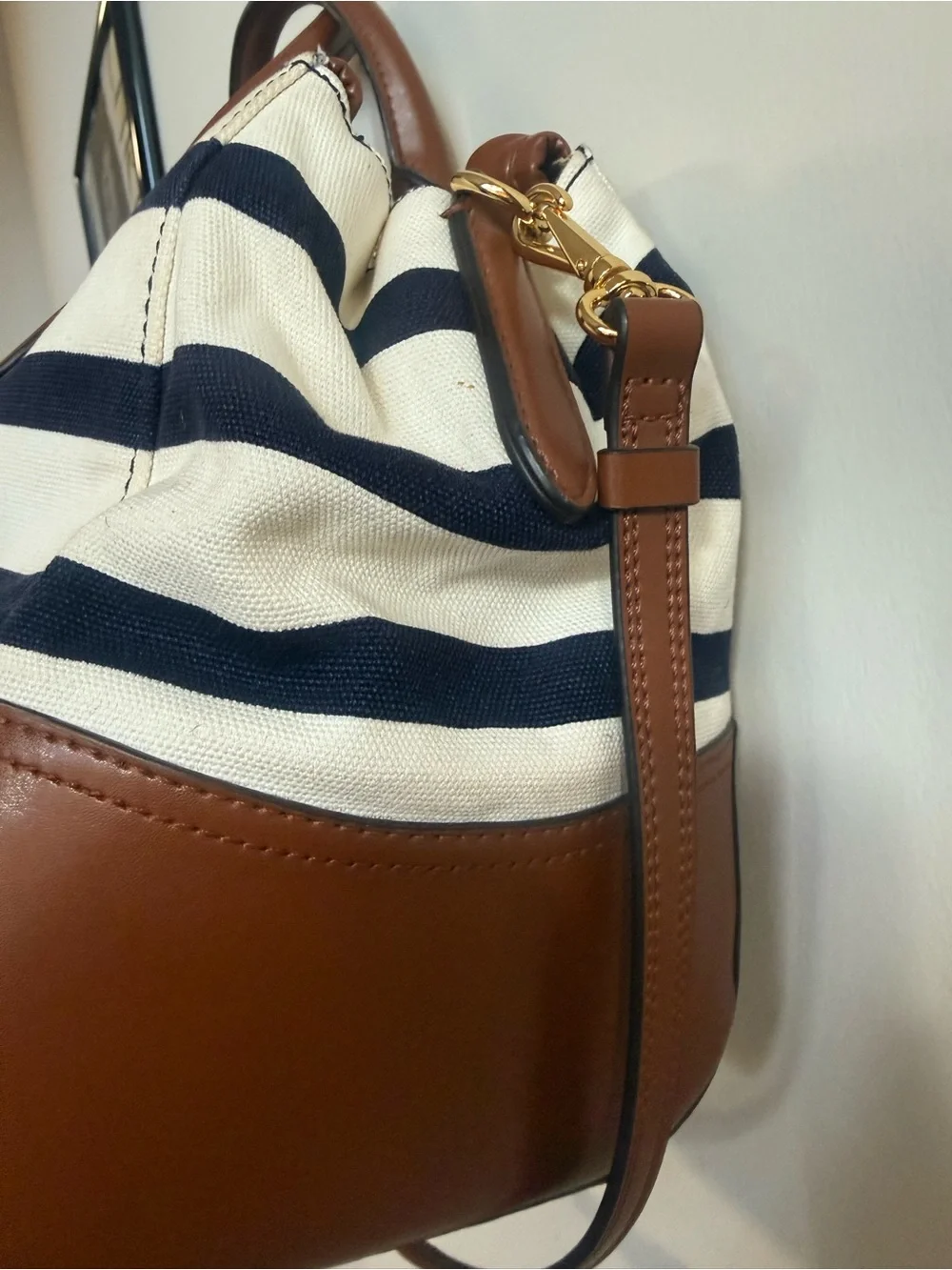 Ralph Lauren Black & White Striped Canvas Weekender with Brown Leather